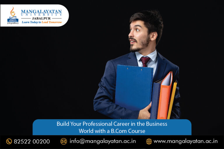 Visual highlighting Mangalayatan University's B.Com program for 2025-26, aimed at advancing careers in business.